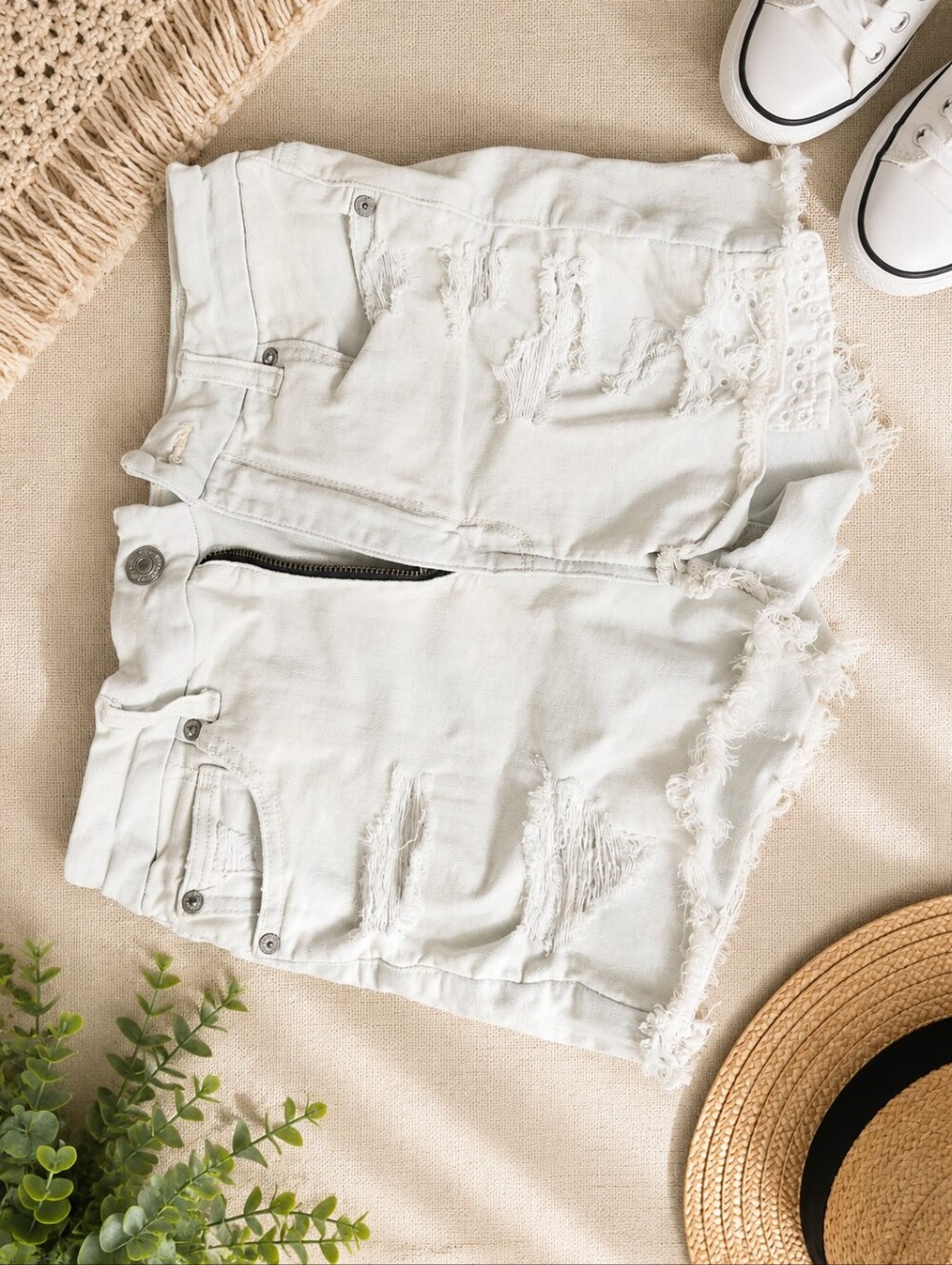 American Eagle Outfitters White Distressed Denim Shorts